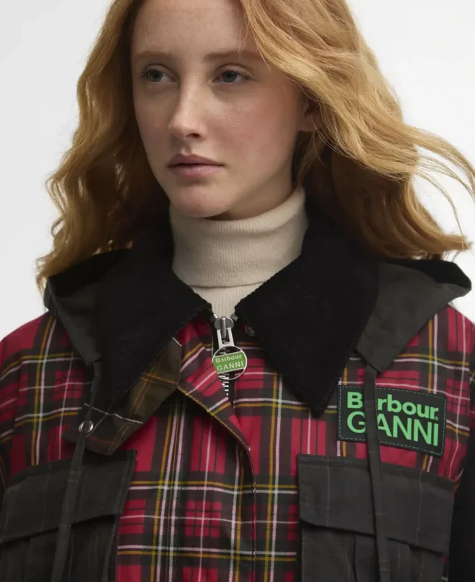 Barbour x GANNI Jacheta cerată cu volane în carouri