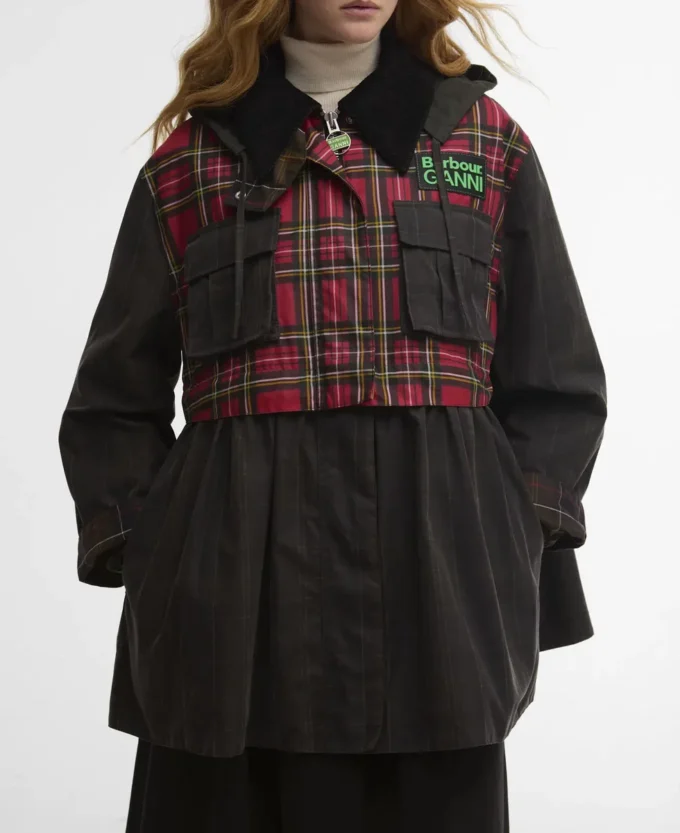 Barbour x GANNI Jacheta cerată cu volane în carouri